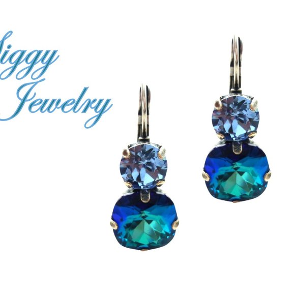 Bermuda Blue and Light Sapphire Double Drop Crystal Earrings 12mm and 8mm - Picture 5 of 5